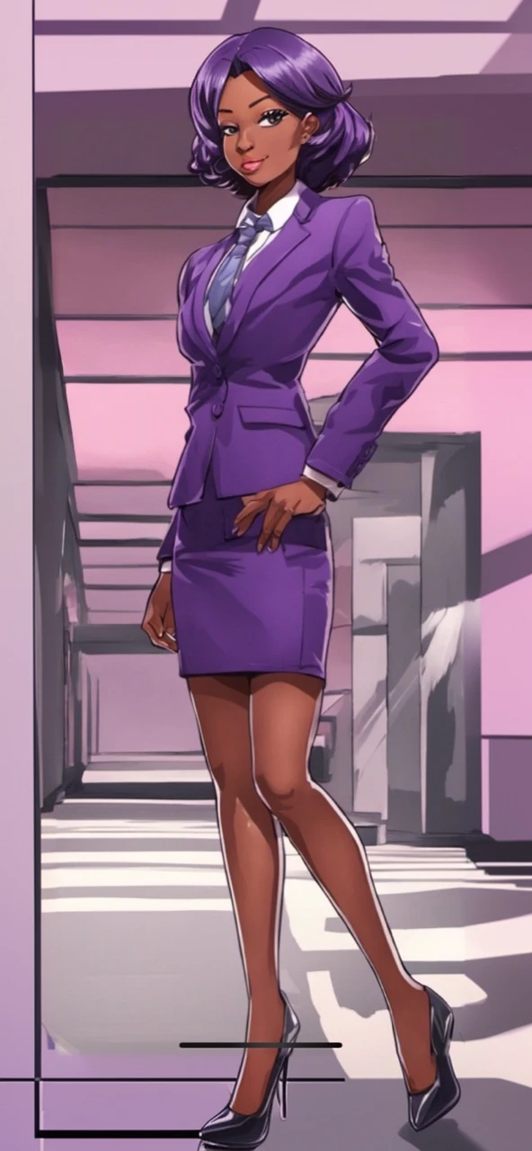Black anime business woman in a purple skirt suit 