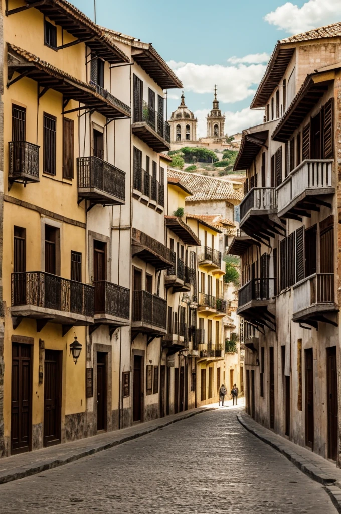 Imagen de una plaza colonial animada, con edificios de estilo antiguo y gente caminando.