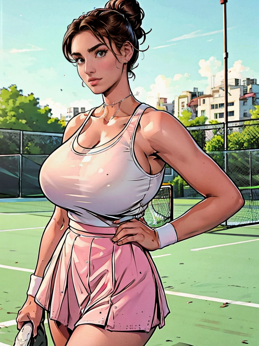 Extremely busty thin and toned brunette photographer, college girl, fair skin, loose updo, soft face, athletic, white tank top, pink skirt. detailed background, tennis court.