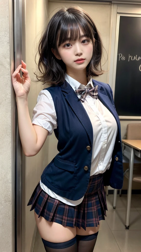 masterpiece, best quality, illustration, Super detailed, fine details, High resolution, 8K,wall paper, perfect dynamic composition,(Details High quality, realistic depiction of eyes:1.3), from side, High School Classroom、High school girl uniform、blazer 、Super Short Check Uniform Skirt、Navy blue high socks、garterbelts、Colossal tits、Disturbed uniform,  short hair, (wavy hair:1.2), short bob hair, black hair color, large breasts, Big Natural Color Lip, acrobatic pose, perfect body shape, crying a little、Harajuku style、20 year old girl、cute type, beautiful legs, hposing Gravure Idol, Voluptuous thighs