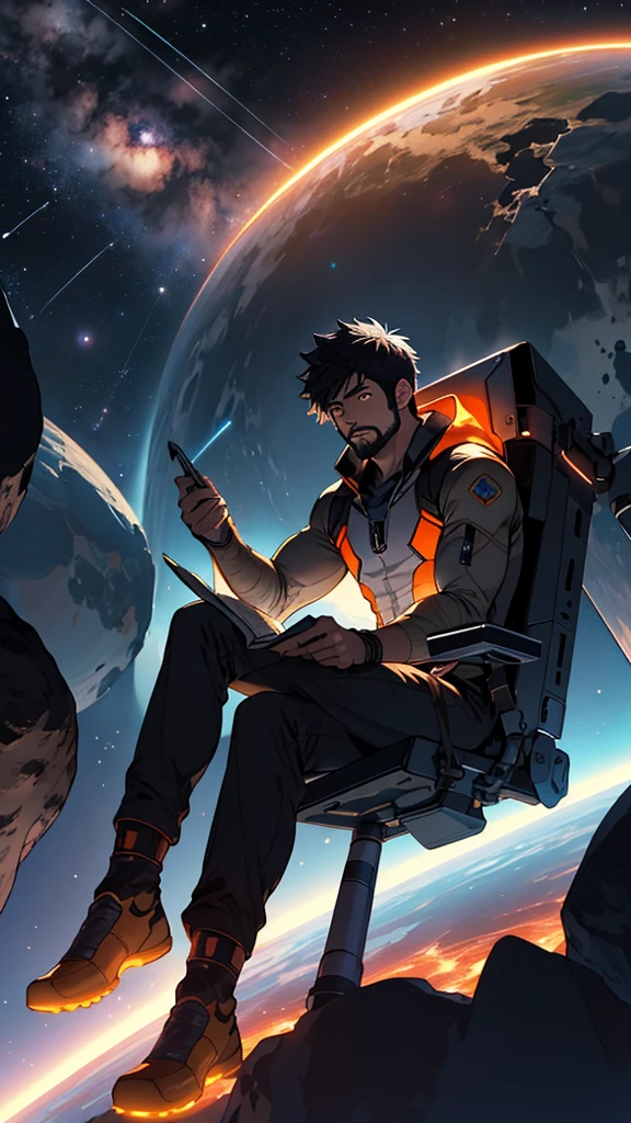 Draw a young programmer, sitting on a research platform floating in the middle of an asteroid belt. He is studying with a notebook, surrounded by several asteroids glowing with fiery auras. Dramatic lighting from distant stars and planets illuminates the scene, casting deep shadows on the suit. The young man looks confident and determined, looking at the vast and mysterious universe with wonder and respect,facial hair, cowboy shot,Rocket in the background.