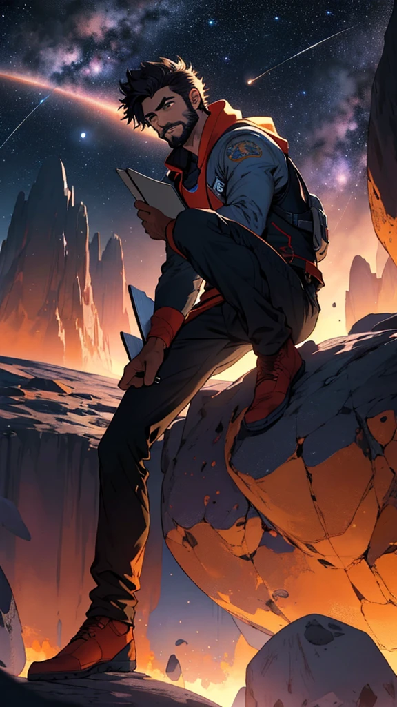 Draw a young programmer, sitting on a research platform floating in the middle of an asteroid belt. He is studying with a notebook, surrounded by several asteroids glowing with fiery auras. Dramatic lighting from distant stars and planets illuminates the scene, casting deep shadows on the suit. The young man looks confident and determined, looking at the vast and mysterious universe with wonder and respect,facial hair, cowboy shot,Rocket in the background.