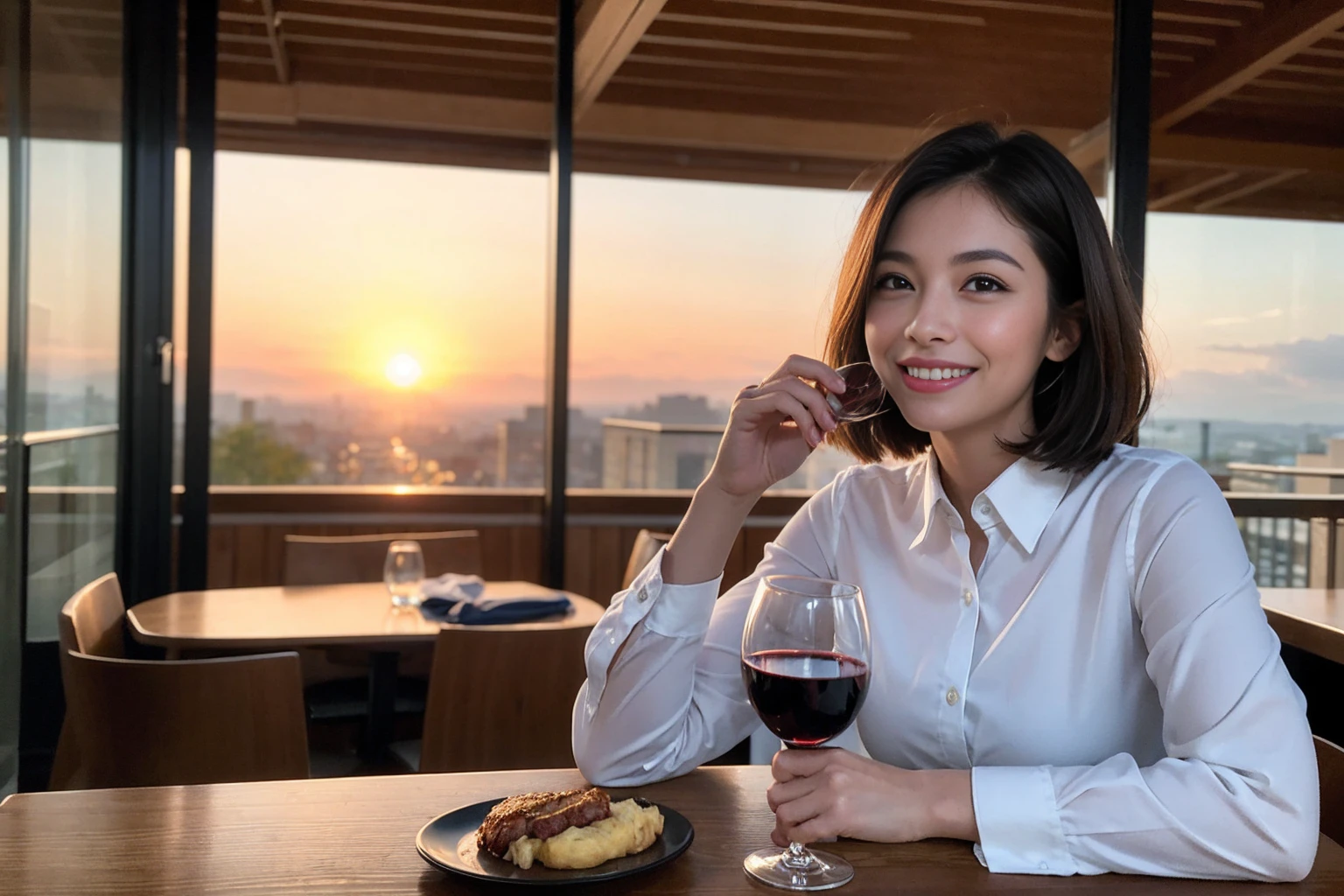 ((Highest quality、8k、masterpiece:1.3))、 (Genuineistic, Genuine、Bright image、Intricate details:1.2), 最高のsmile、1 male 1 female、Beautiful couple、spouse、fiancee、Good friends、actress couple、smile、Full-course dinner at a packed table、 (Slim face), (the body is slim), (Brown Hair), (short hair), テーブルのwine glass、Please shine a light on my face、 Amazing view of the sunset sky and clouds、 (42 years old)40 years old, red wine 、Appetizers、Wine bottle、sparkling wine、Long sleeve shirt、dress、White wine, red wine, wine glass,