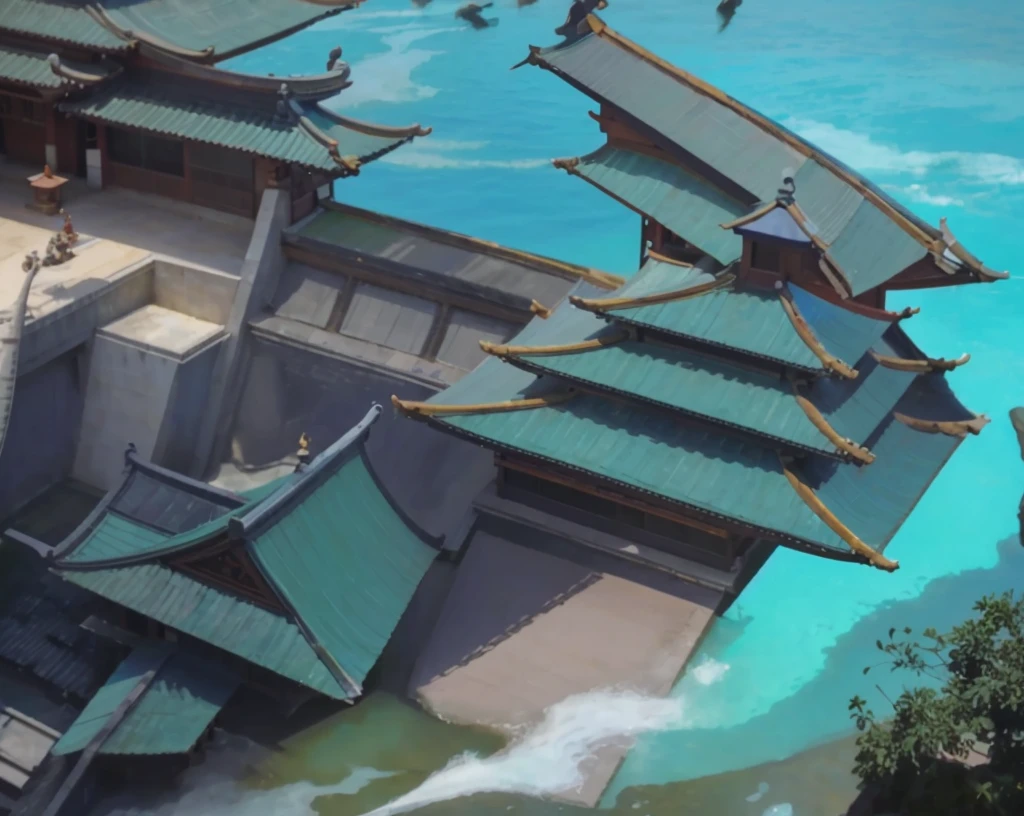 Chinese style,Overlooking the large courtyard,Blue roof,Cyan tiles,White stone floor,The light and shadow are scattered,brick,Bright sunny tones,Background is the sea,The projection is clear,Clear structure,Structured,Precious silk,Deco,Precious Stone,hanfu,32k——niece 5,(masterpiece,Top quality,Best Quality,Official Art,Beautiful beauty:1.2),(8k,Best Quality,masterpiece:1.2),(((White background,)))(merchandise/baoxiang),Fantasy,The Chinese Wes Anderson feeling, rich and colorful, landscape