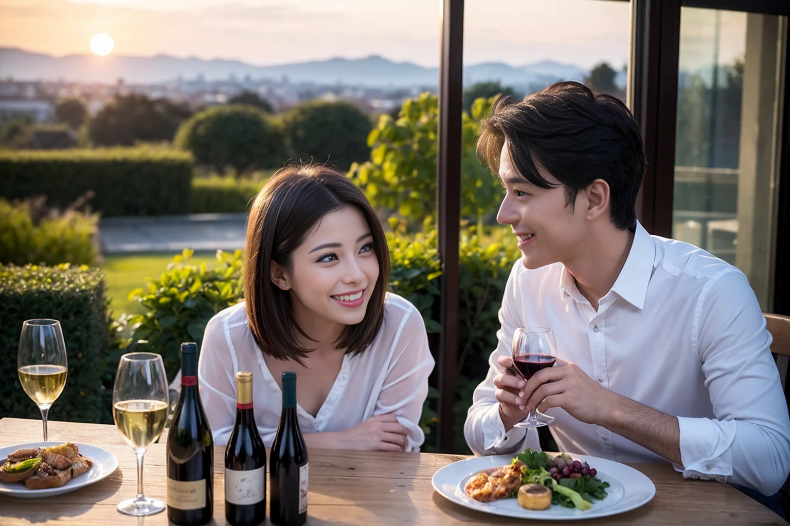 ((Highest quality、8k、masterpiece:1.3))、 (Genuineistic, Genuine、Bright image、Intricate details:1.2), 最高のsmile、1 male, 1 female、Beautiful couple、Satomi Ishihara-like lover、Good friends、actress couple、smile、Full-course dinner at a packed table、 (Slim face), (the body is slim), (Brown Hair), (short hair), テーブルのwine glass、Please shine a light on my face、 Amazing view of the sunset sky and clouds、 (42 years old)38 years old, red wine 、Appetizers、Wine bottle、sparkling wine、Long sleeve shirt、dress、White wine, red wine, wine glass,