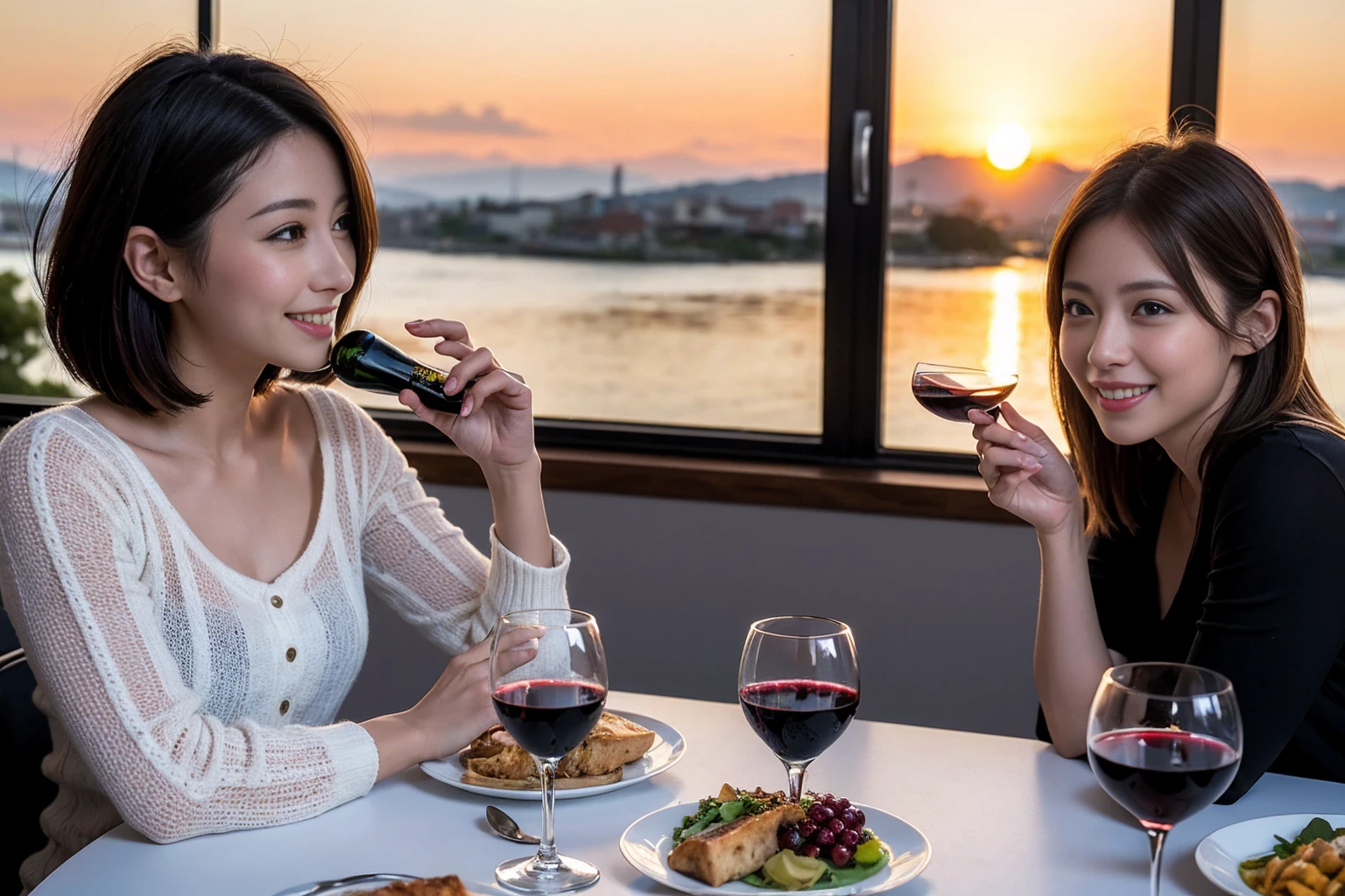 ((Highest quality、8k、masterpiece:1.3))、 (Genuineistic, Genuine、Bright image、Intricate details:1.2), 最高のsmile、1 male, 1 female、Beautiful couple、Satomi Ishihara-like lover、Good friends、actress couple、smile、Full-course dinner at a packed table、 (Slim face), (the body is slim), (Brown Hair), (short hair), テーブルのwine glass、Please shine a light on my face、 Amazing view of the sunset sky and clouds、 (42 years old)38 years old, red wine 、Appetizers、Wine bottle、sparkling wine、Long sleeve shirt、dress、White wine, red wine, wine glass,