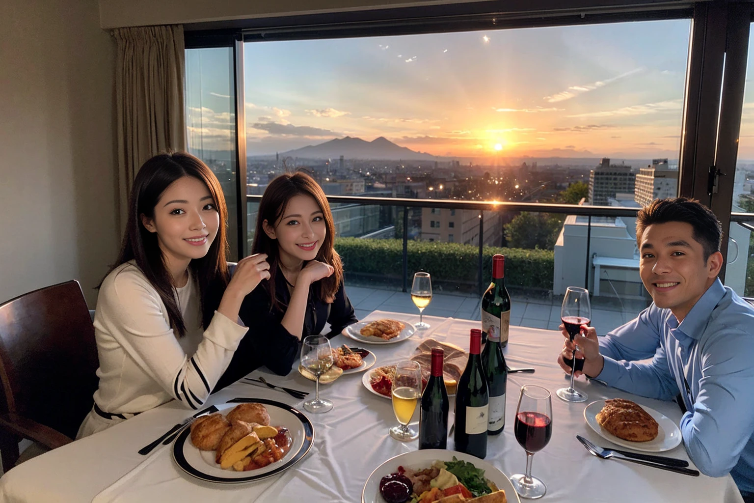 ((Highest quality、8k、masterpiece:1.3))、 (Genuineistic, Genuine、Bright image、Intricate details:1.2), 最高のsmile、1 male, 1 female、Beautiful couple、Satomi Ishihara-like lover、Good friends、actress couple、smile、Full-course dinner at a packed table、 (Slim face), (the body is slim), (Brown Hair), (short hair), テーブルのwine glass、Please shine a light on my face、 Amazing view of the sunset sky and clouds、 (42 years old)38 years old, red wine 、Appetizers、Wine bottle、sparkling wine、Long sleeve shirt、dress、White wine, red wine, wine glass,