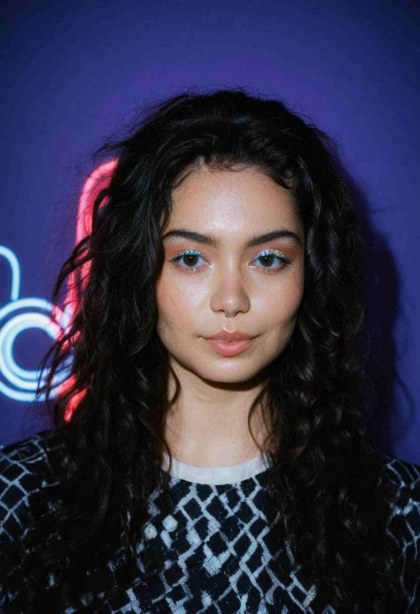 Photo of a woman with long wavy hair,Portraiture,Kodachrome, neon,cyber punk,    