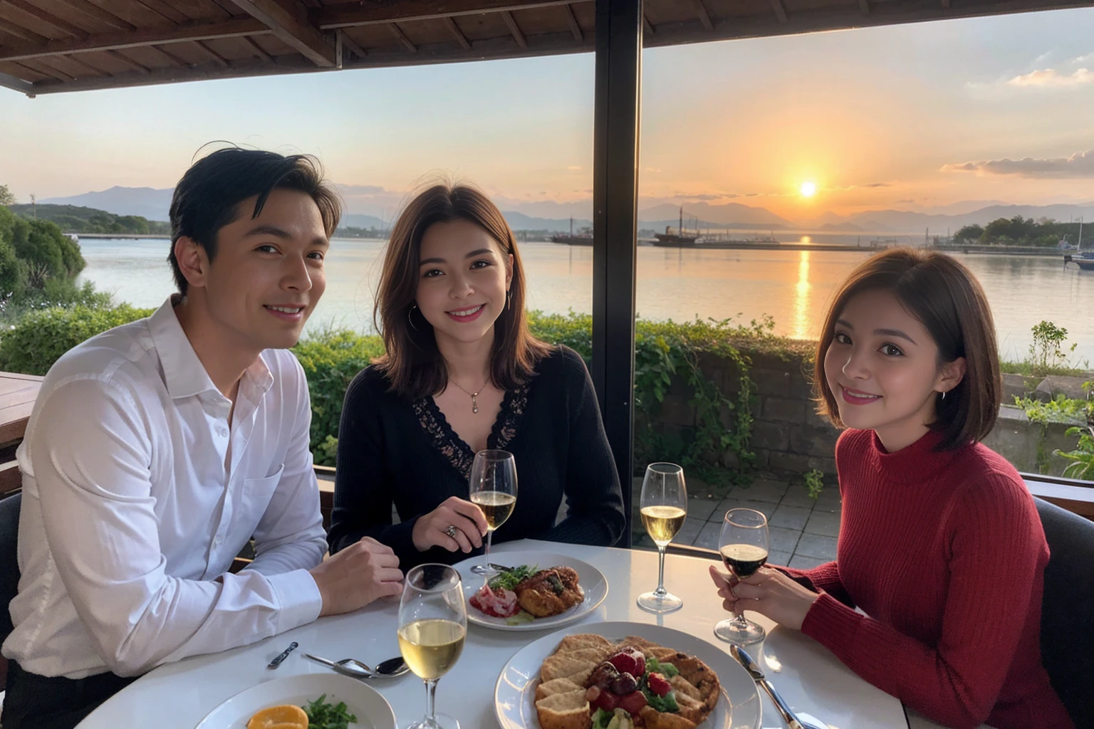 ((Highest quality、8k、masterpiece:1.3))、 (Genuineistic, Genuine、Bright image、Intricate details:1.2), 最高のsmile、1 male,1 female、Beautiful couple、spouse、fiancee、Good friends、actress couple、smile、Full-course dinner at a packed table、 (Slim face), (the body is slim), (Brown Hair), (short hair), テーブルのwine glass、Please shine a light on my face、 Amazing view of the sunset sky and clouds、 (42 years old)38 years old, red wine 、Appetizers、Wine bottle、sparkling wine、Long sleeve shirt、dress、White wine, red wine, wine glass,