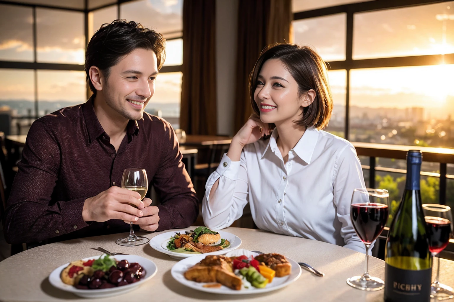 ((Highest quality、8k、masterpiece:1.3))、 (Genuineistic, Genuine、Bright image、Intricate details:1.2), 最高のsmile、1 male,1 female、Beautiful couple、spouse、fiancee、Good friends、actress couple、smile、Full-course dinner at a packed table、 (Slim face), (the body is slim), (Brown Hair), (short hair), テーブルのwine glass、Please shine a light on my face、 Amazing view of the sunset sky and clouds、 (42 years old)38 years old, red wine 、Appetizers、Wine bottle、sparkling wine、Long sleeve shirt、dress、White wine, red wine, wine glass, 