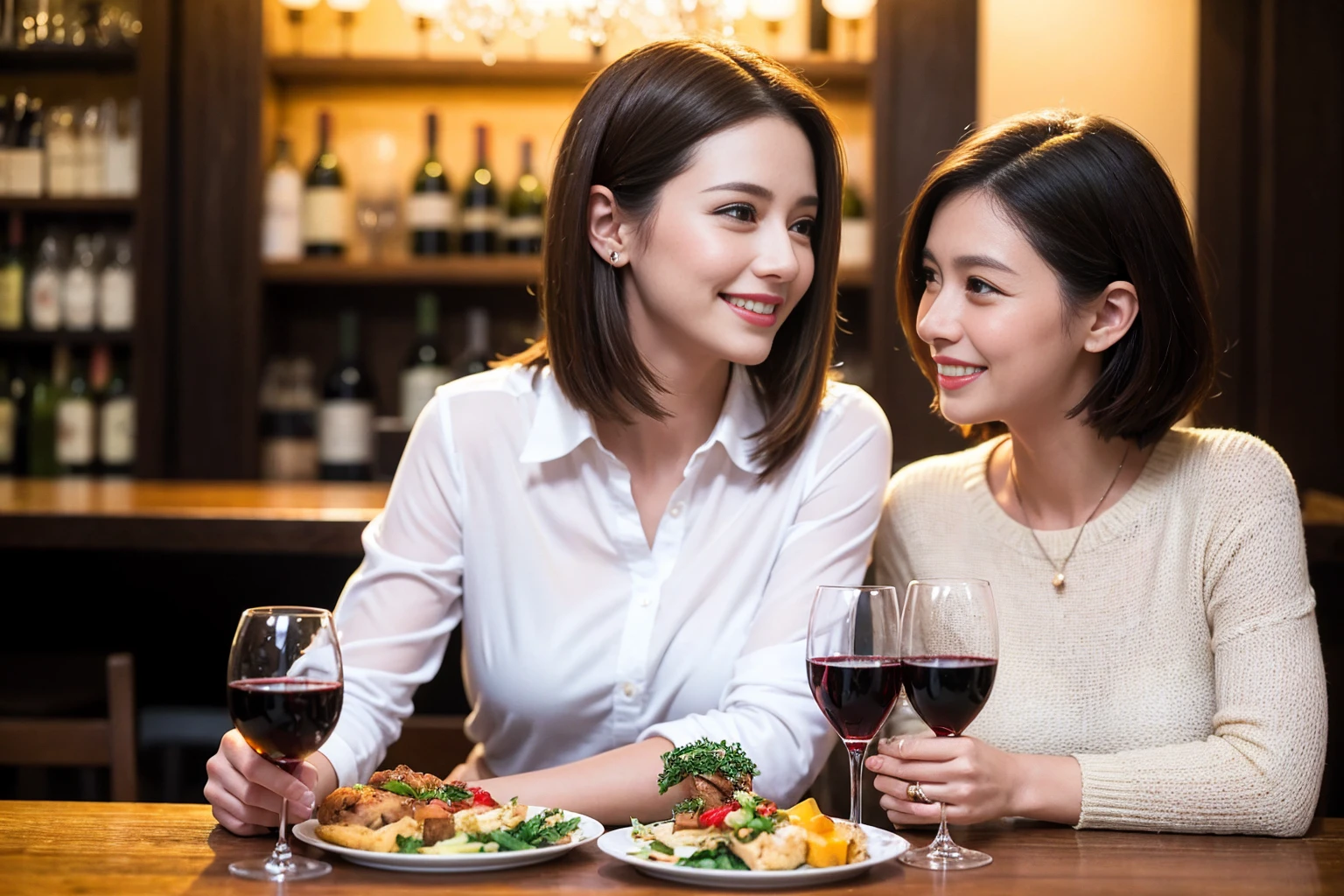 ((Highest quality、8k、masterpiece:1.3))、 (Genuineistic, Genuine、Bright image、Intricate details:1.2), 最高のsmile、1 male,1 female、Beautiful couple、spouse、fiancee、Good friends、actress couple、smile、Full-course dinner at a packed table、 (Slim face), (the body is slim), (Brown Hair), (short hair), テーブルのwine glass、Please shine a light on my face、 Amazing view of the sunset sky and clouds、 (42 years old)38 years old, red wine 、Appetizers、Wine bottle、sparkling wine、Long sleeve shirt、dress、White wine, red wine, wine glass,