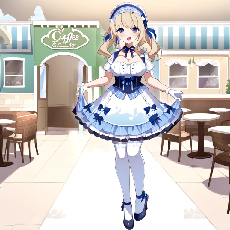 An illustration featuring a Lolita girl in an anime style is depicted with pastel blue and white attire. The character is characterized by long beige ponytails, a ruffled headband adorned with a blue ribbon, and white striped blue stockings paired with heels embellished with a bear motif. The scene is set in a café shop.
