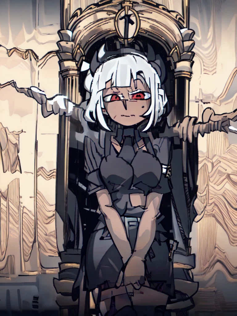 [judgement], [(helltaker)], [uploaded to e621.net; (napalm_express)], [uploaded to twitter.com; (vanripperart)], ((High definition)), ((detailed shading)), ((beautiful solo portrait)), ((full body)), ((beautiful 2d art)), ((anime girl)), {(attractive); (grey skin), (messy white hair), (long ponytail), cute light grey eyes, (short black horns on head), (frown), (blushing)}, {black bra, black denim shorts, (black knee-high socks), black heels, (steel armor), (metal shin guards), (metal gauntlets), (black metal claws)}, {(on couch), (head resting on hand), (legs spread open)}, [background; (living room), (window), (sunset), (chains)]