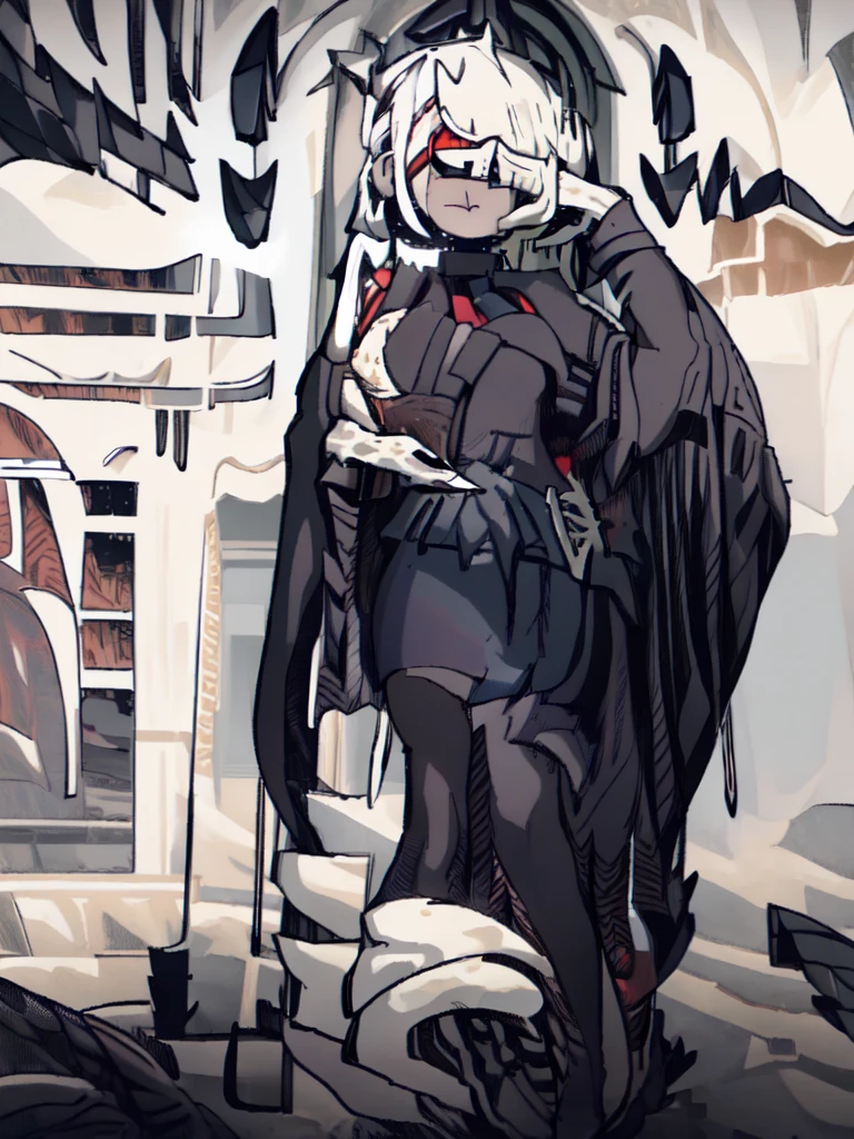Beautiful, (masterpiece), (best quality), perfect eyes, perfect face, perfect light, one woman, multi-colored hair, (milk tea colored hair with white mist tips), big round eyes, light red eyes, (slim), clear white skin, narrow shoulders, large breasts, large hips, big and plump thighs, beautiful slender legs, short bob hair with see-through bangs, wearing a black collar, white T-shirt, black shoulder strap, gray leather belt with a gold buckle, short black skirt, sheer black stockings, shiny black high-heeled boots, with a gold four-pointed star hair clip.