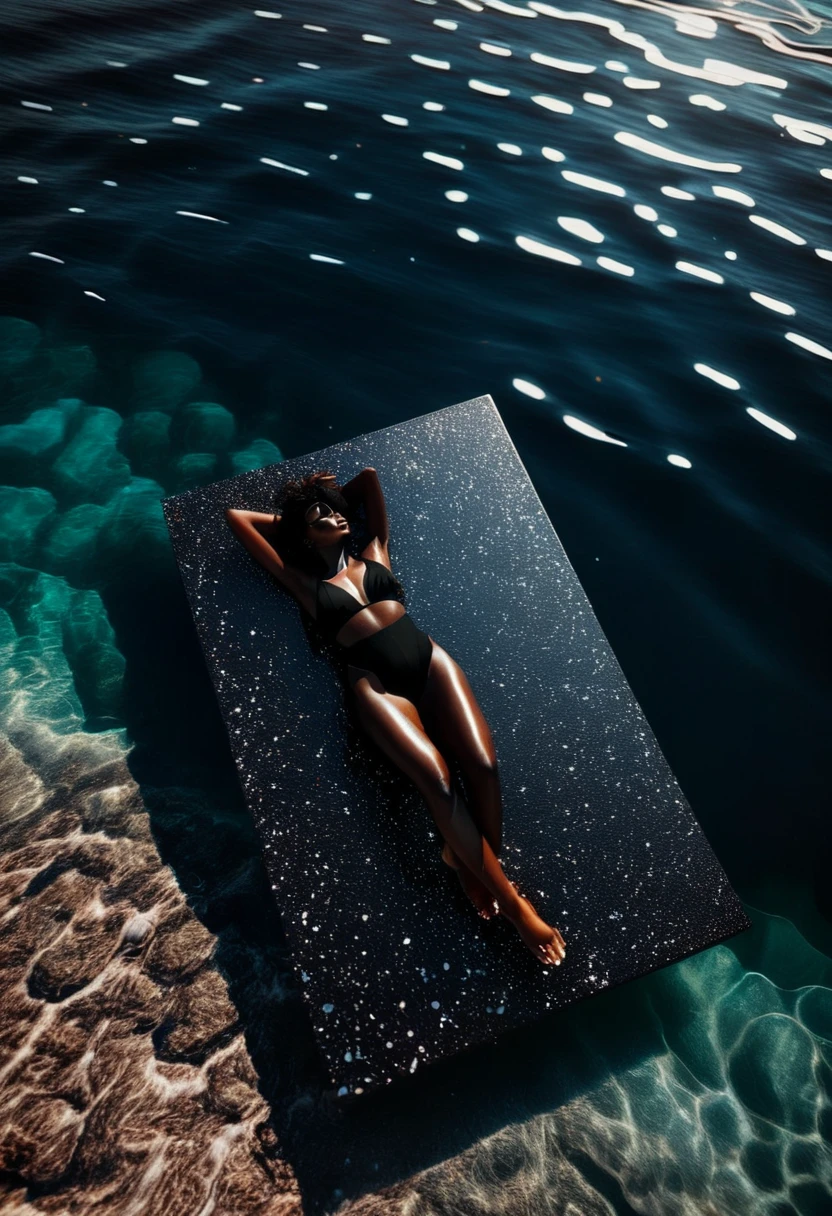 Aerial view of glistening dark melanin woman in beach clothes and dark reflecting shades, she's laying on a floating board on top of the sea, enjoying the scenery, cocktail beach of montenegro, warm summer vibes, sunshine providing a beautiful cinematic imagery
