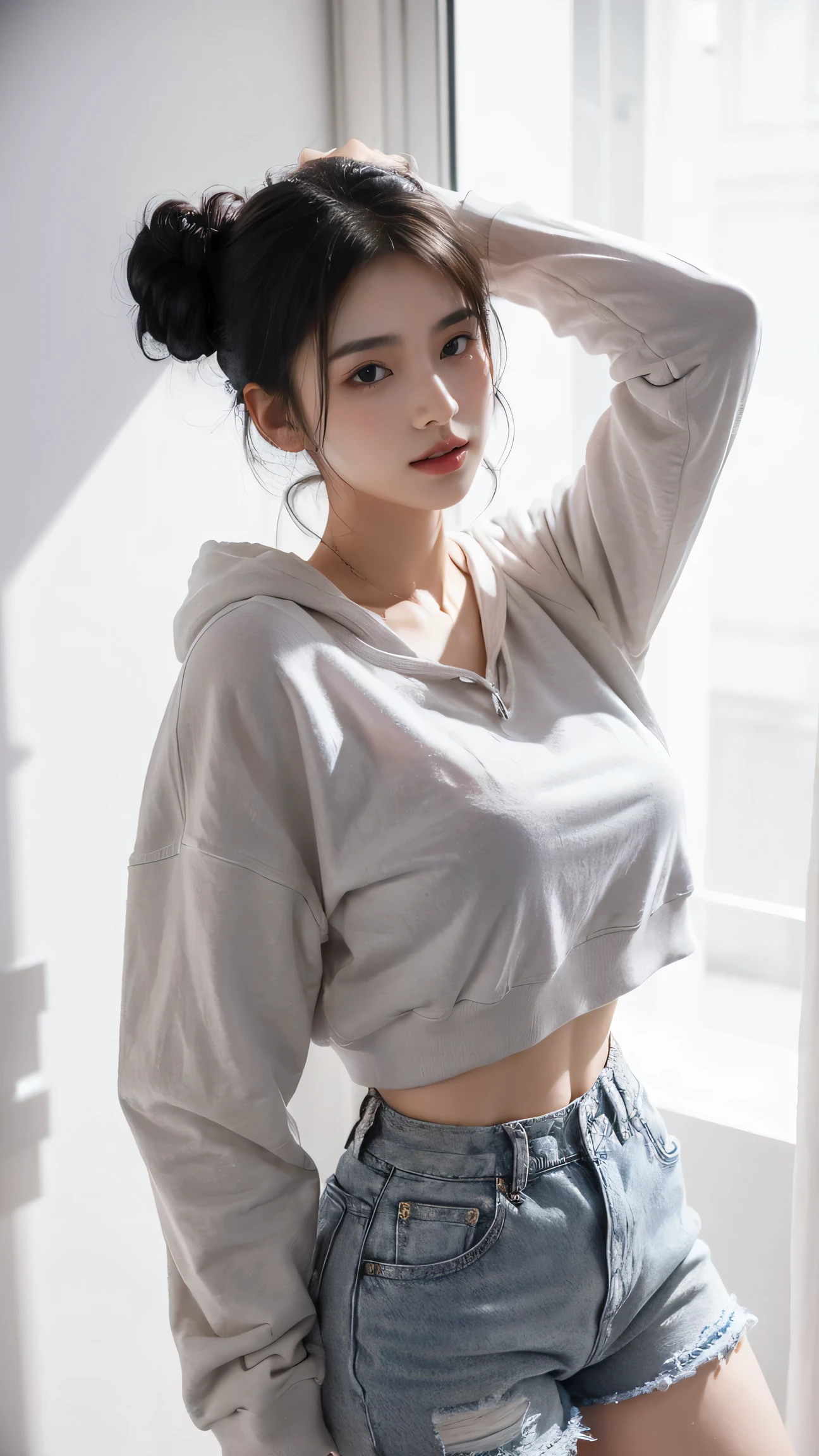 21yo girl,black hair, (updo hair). Wearing pink t-shirt, wearing white hoodie covered body, wearing denim hot pants, natural medium breast, grey backgound