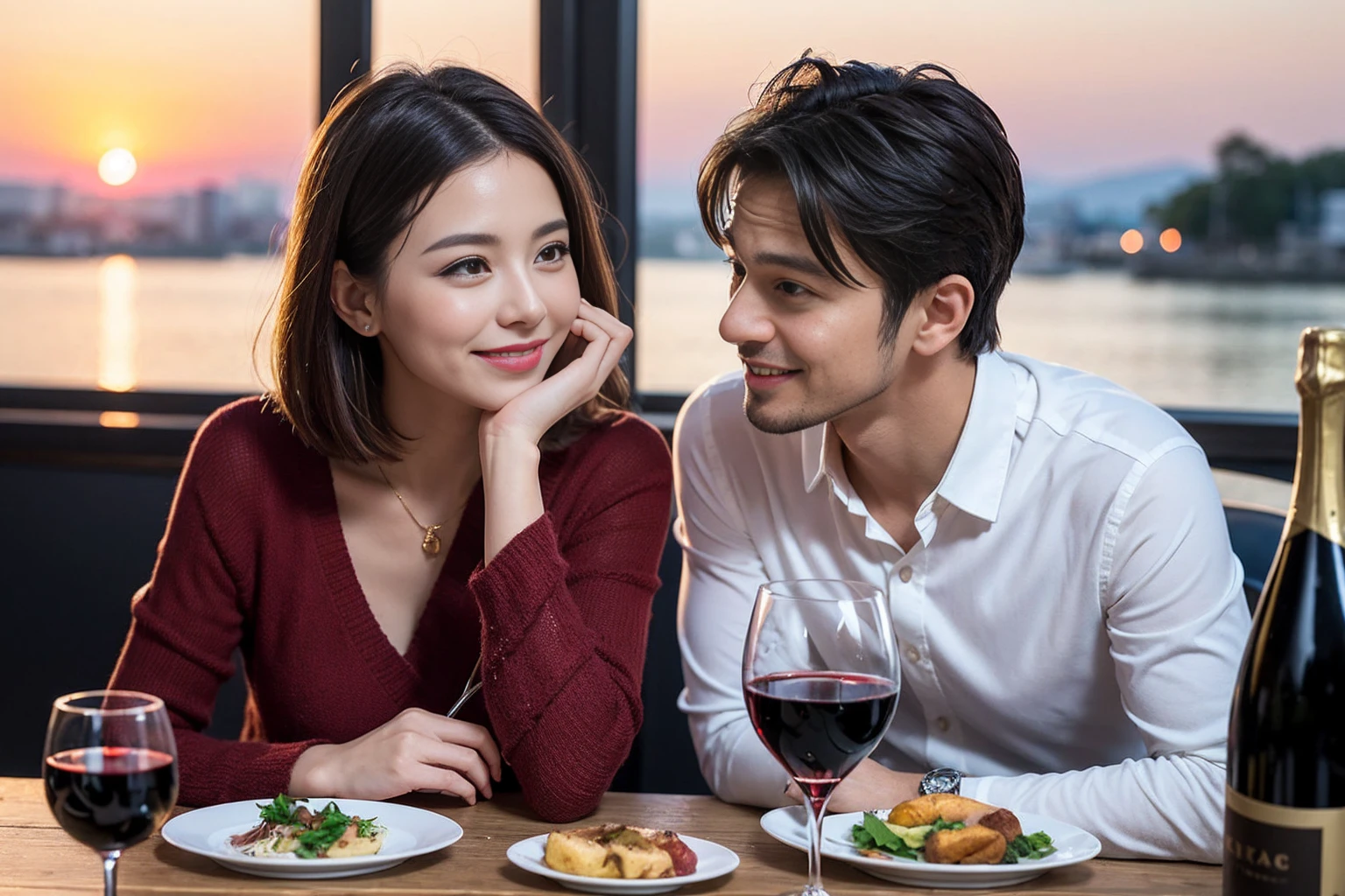 ((Highest quality、8k、masterpiece:1.3))、 (Genuineistic, Genuine、Bright image、Intricate details:1.2), 最高のsmile、1 male 1 female、Beautiful couple、spouse、fiancee、Good friends、actress couple、smile、Full-course dinner at a packed table、 (Slim face), (the body is slim), (Brown Hair), (short hair), テーブルのwine glass、Please shine a light on my face、 Amazing view of the sunset sky and clouds、 (42 years old)38 years old, red wine 、Appetizers、Wine bottle、sparkling wine、Long sleeve shirt、dress、White wine, red wine, wine glass,