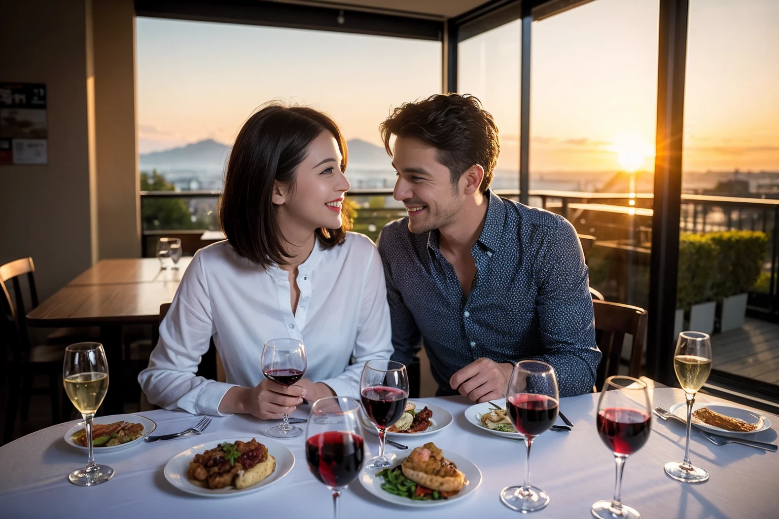 ((Highest quality、8k、masterpiece:1.3))、 (Genuineistic, Genuine、Bright image、Intricate details:1.2), 最高のsmile、1 male 1 female、Beautiful couple、spouse、fiancee、Good friends、actress couple、smile、Full-course dinner at a packed table、 (Slim face), (the body is slim), (Brown Hair), (short hair), テーブルのwine glass、Please shine a light on my face、 Amazing view of the sunset sky and clouds、 (42 years old)38 years old, red wine 、Appetizers、Wine bottle、sparkling wine、Long sleeve shirt、dress、White wine, red wine, wine glass,