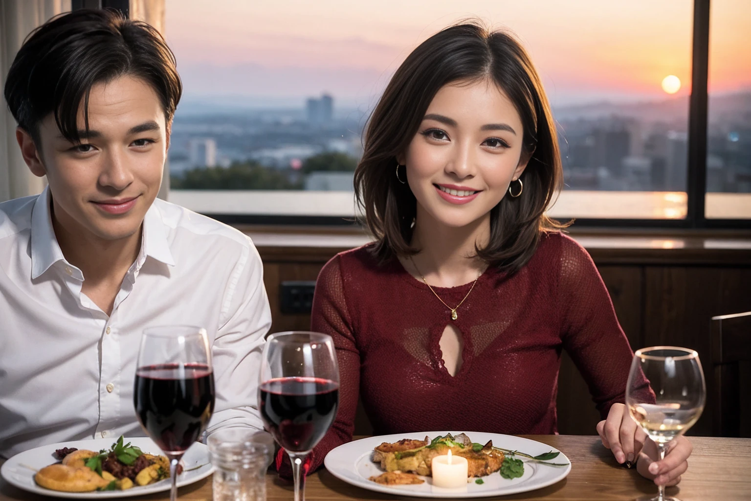 ((Highest quality、8k、masterpiece:1.3))、 (Genuineistic, Genuine、Bright image、Intricate details:1.2), 最高のsmile、1 male 1 female、Beautiful couple、spouse、fiancee、Good friends、actress couple、smile、Full-course dinner at a packed table、 (Slim face), (the body is slim), (Brown Hair), (short hair), テーブルのwine glass、Please shine a light on my face、 Amazing view of the sunset sky and clouds、 (42 years old)38 years old, red wine 、Appetizers、Wine bottle、sparkling wine、Long sleeve shirt、dress、White wine, red wine, wine glass,