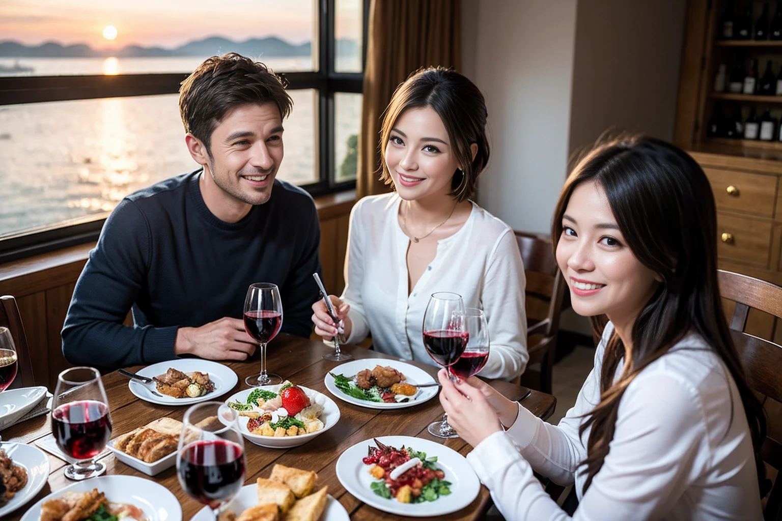 ((Highest quality、8k、masterpiece:1.3))、 (Genuineistic, Genuine、Bright image、Intricate details:1.2), 最高のsmile、1 male 1 female、Beautiful couple、spouse、fiancee、Good friends、actress couple、smile、Full-course dinner at a packed table、 (Slim face), (the body is slim), (Brown Hair), (short hair), テーブルのwine glass、Please shine a light on my face、 Amazing view of the sunset sky and clouds、 (42 years old)38 years old, red wine 、Appetizers、Wine bottle、sparkling wine、Long sleeve shirt、dress、White wine, red wine, wine glass, 
