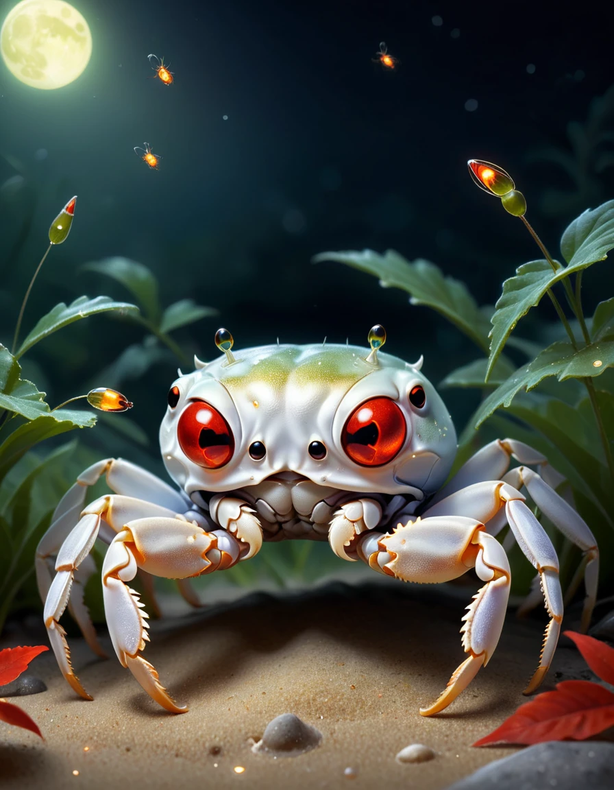 A hyper-realistic digital artwork of an adorable cute ghost crab looking directly at the viewer with big and red, expressive eyes. The ghost is slightly translucent and shimmering with tiny fireflies under a dimly lit night sky. Leaves gently fall around it, adding to the magical, serene atmosphere. The scene is set on a rough textured surface that resembles the wood. The color palette is dominated by shades of green and grey, emphasizing a chilly, enchanting ambiance