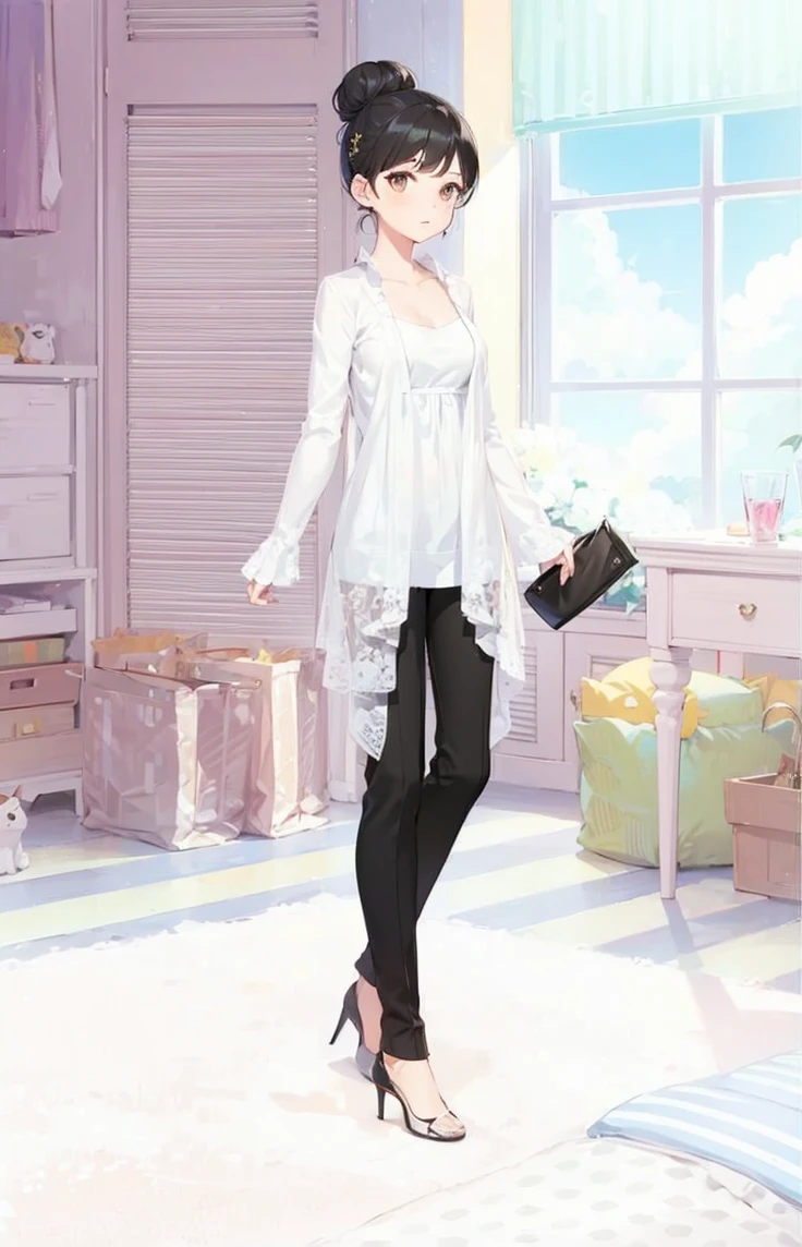 1girl, solo, looking at viewer, black hair, holding, brown eyes, pants, indoors, hair bun, high heels, window, black pants, single hair bun, handbag