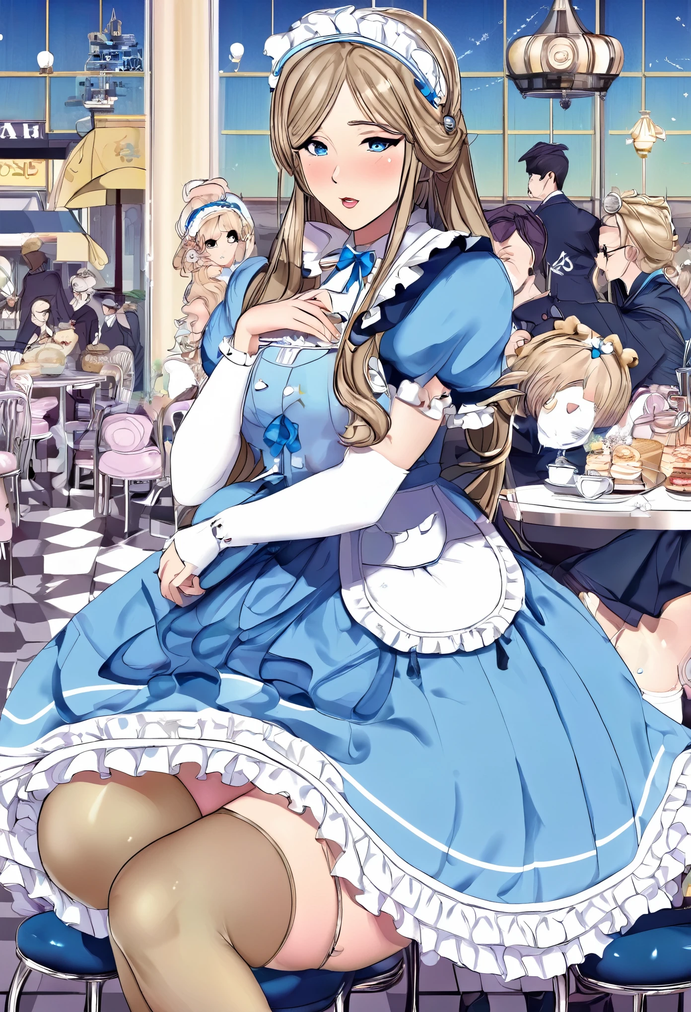 An illustration featuring a ta girl in an anime style is depicted with pastel blue and white attire. The character is characterized by long beige ponytails, hazel eyes, a ruffled headband adorned with a blue ribbon, and white striped blue stockings paired with heels embellished with a bear motif. The scene is set in a café shop.