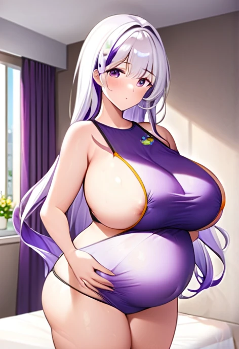 Pregnant women,Pregnant belly,Multiple births,Swimwear,Big Breasts,Large bust,Purple and white hair,Hair Gradient,Long Hair