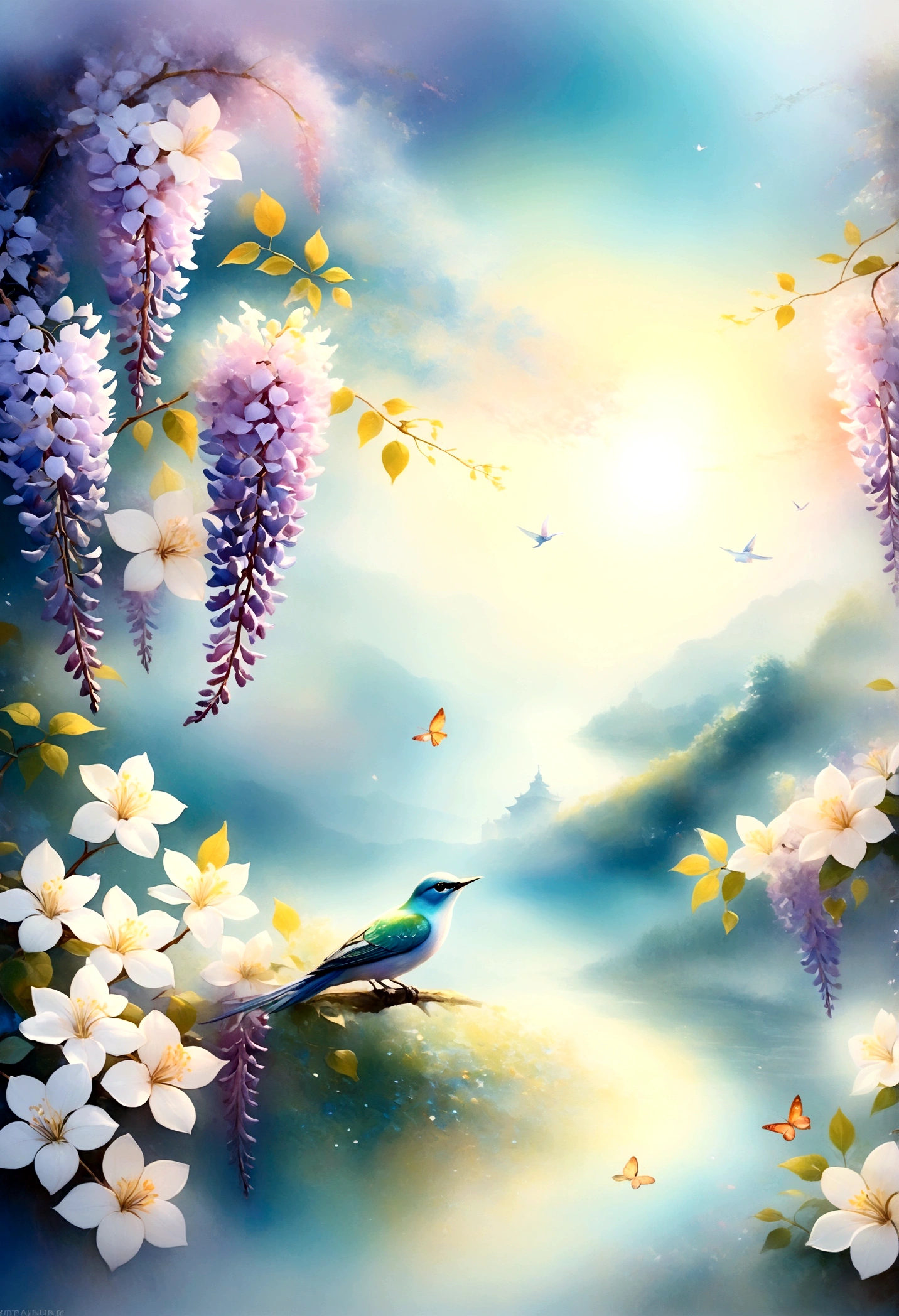 The background is verdigris, Everything is expressed in jewels, The arrival of spring, Mr.々Beautiful wisteria flowers, Beautiful rainbow bird, Beautiful bird
, Angle looking up from below, 空から落ちてくるMr.々A gem, Amazingly beautiful and spectacular scenery, Slightly hazy, wonderful, High resolution, 8k, (Highest quality, High resolution, Realistic:1.37), Shiny metallic flowers, Intricate and delicate petals, Reflective surface, Vibrant colors, Intricate details, Close-up view, SurRealistic garden, SurRealistic beauty, Dreamy atmosphere, artwork, Abstract Plants, Metallic engraving, Contrasting Textures, Mysterious glow