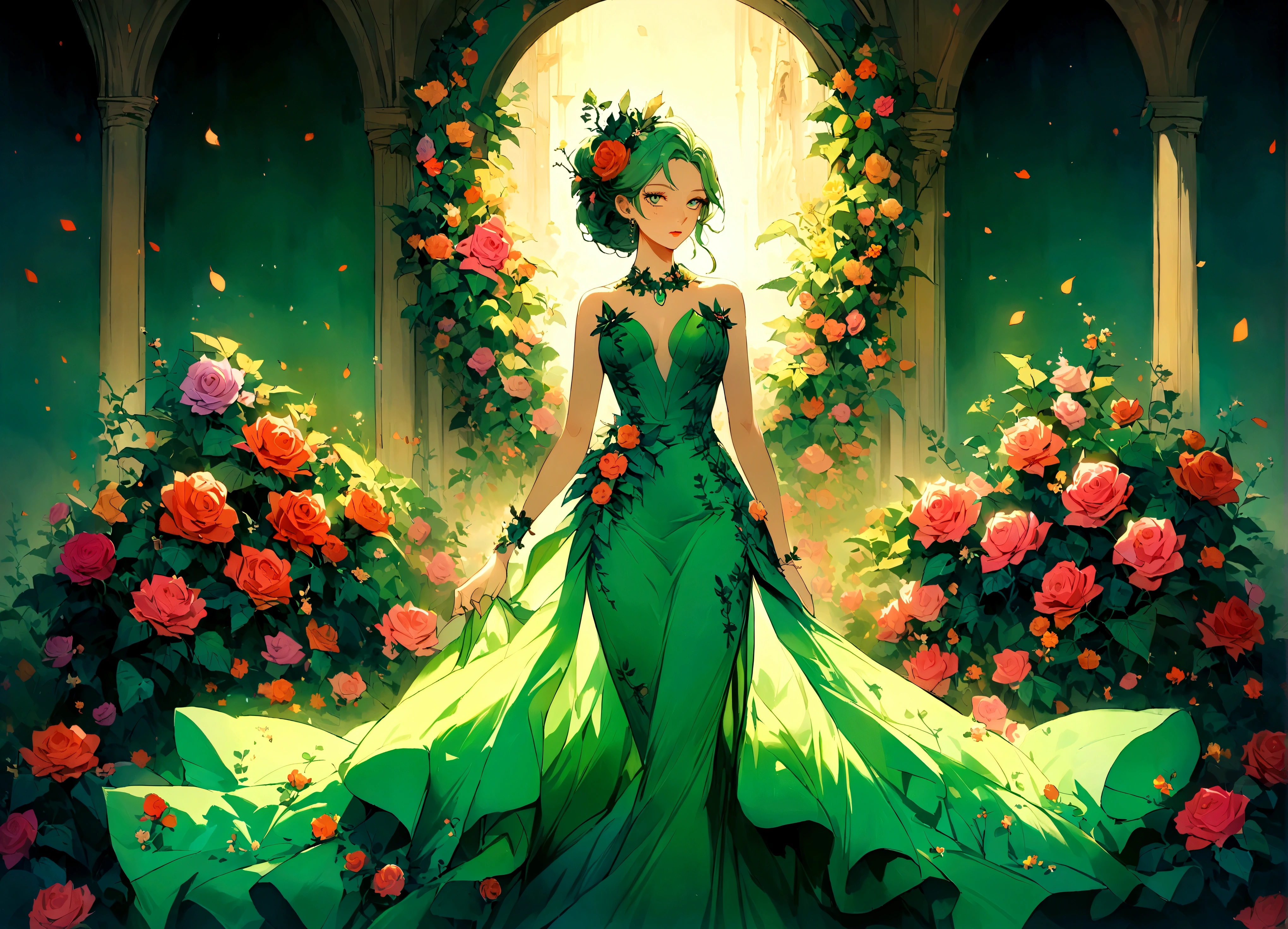 Poison Ivy (long green evening dress, over exposed, safe for work), stealing all the attention, formal affair, lots of flowers