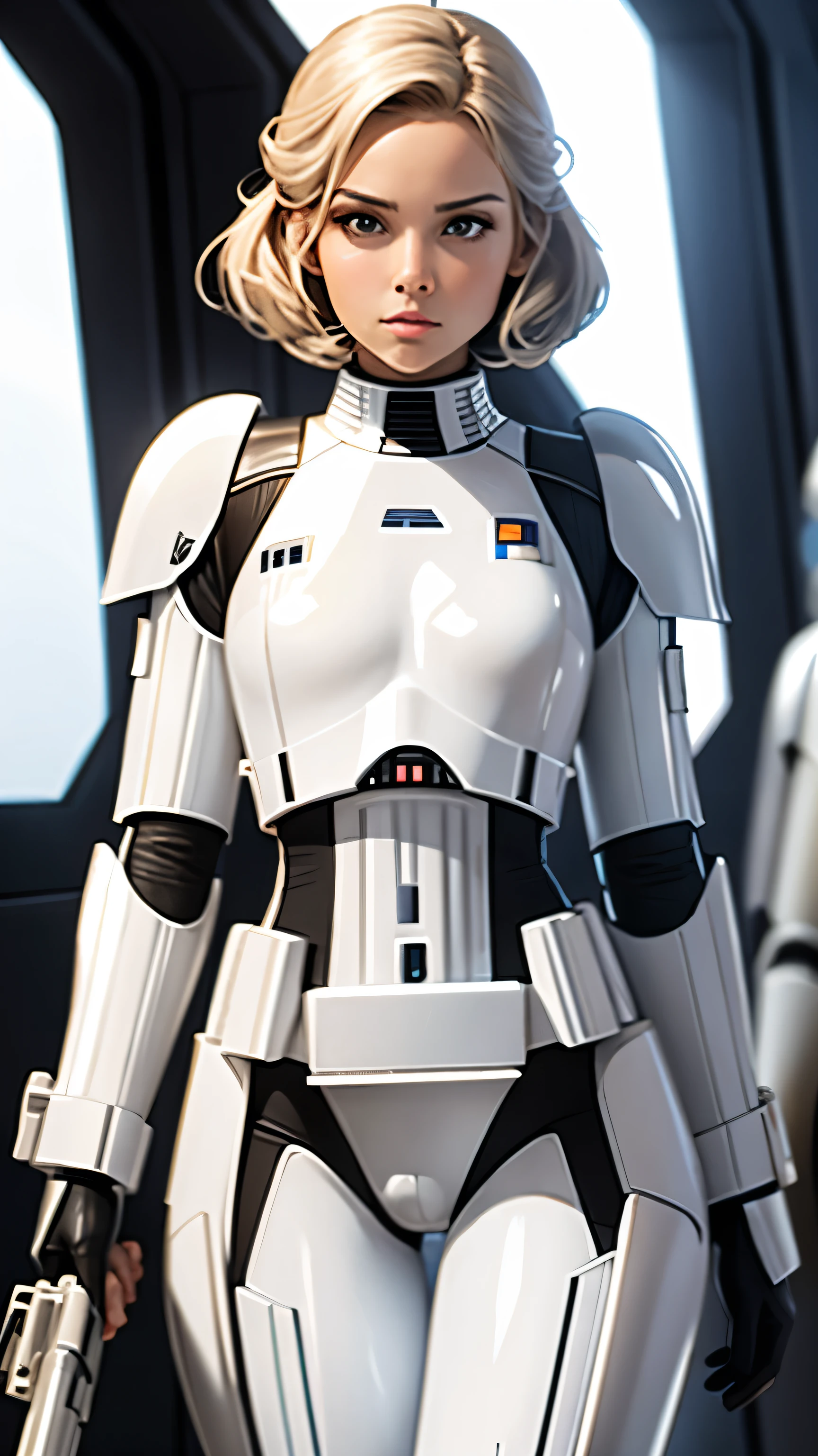 wearing shiny stormtrooper armor, a Star Wars imperial agent, wearing stormtrooper armor, imperial Star Wars style, storm trooper, stormtrooper, trooper, female stormtrooper, slender waist, medium breasts, wide hips, thigh gap, stormtroopers, Star Wars character