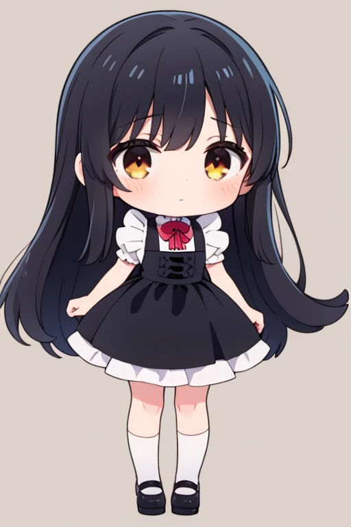 1girl, maid, black hair, brown eye, long hair, chibi, standing, full body