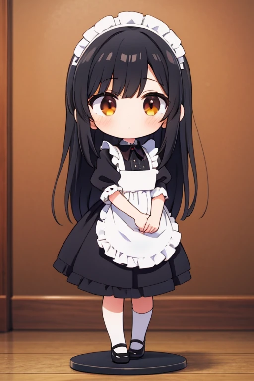 1girl, maid, black hair, brown eye, long hair, chibi, standing, full body