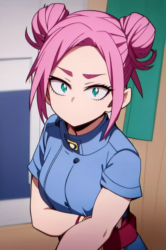 Boku no hero academia anime style screencap, She has short, naturally hot pink hair and aqua green eyes and her hair is almost always tied in two low buns wearing her UA class uniform., soft and serious face, tem um enfeite no cabelo parecido com dois pequenos chifres brancos e fofos.