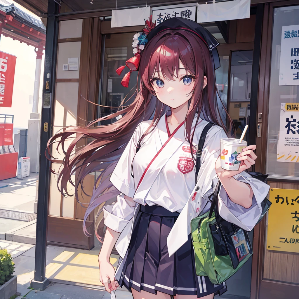 Otaku Girls、Red glasses、Horse's ears、Wearing a light blue winter jacket、Black turtleneck inner top、Big Breasts、Red Eye、Brown Hair、short hair、Red ribbon warning the left horse、Black wide pleated skirt、Black knee socks、Black short boots、tongue。Mischievous look、Diamond-shaped white mesh bangs、evening、sunset空、sunset