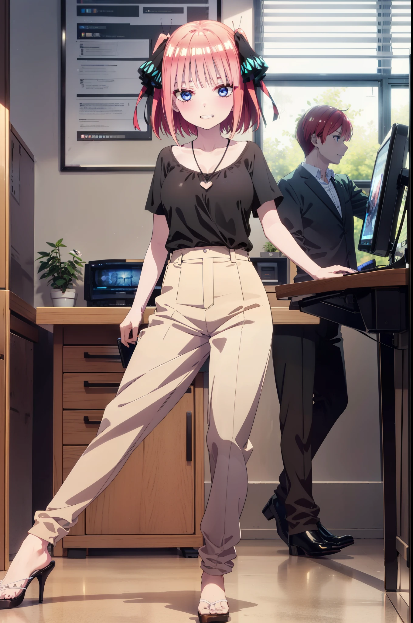I was silent, Nakano Nino, Short Hair, bangs, blue eyes, hair ornaments, Hair Ribbon, Pink Hair, blunt bangs, Both sides up, Big Breasts,butterfly hair ornaments,Grin,White Y-shirt,Short sleeve,Heart Necklace,slacks,Stiletto heels,Walking,There is a computer on the table,whole bodyがイラストに入るように,Daytime,Clear skies,
break indoors, office,
break looking at viewer,whole body,
break (masterpiece:1.2), Highest quality, High resolution, unity 8k wallpaper, (figure:0.8), (Beautiful attention to detail:1.6), Highly detailed face, Perfect lighting, Highly detailed CG, (Perfect hands, Perfect Anatomy),