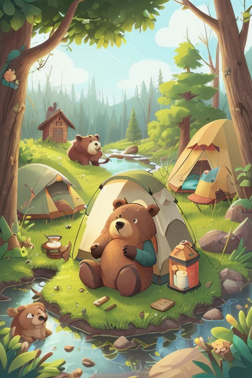 A bear is camping, child, By the creek