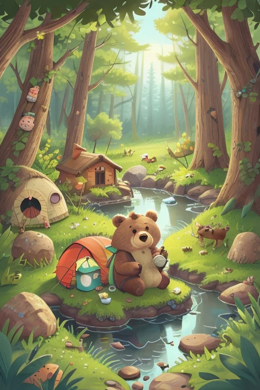 A bear is camping, , By the creek