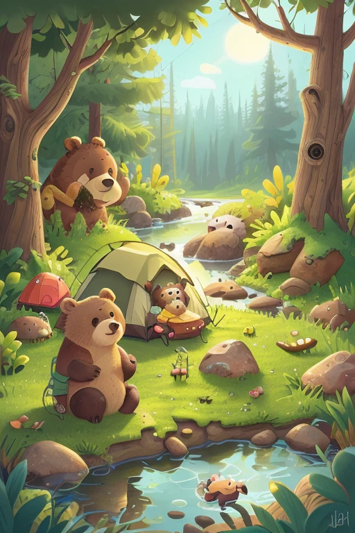 A bear is camping, child, By the creek