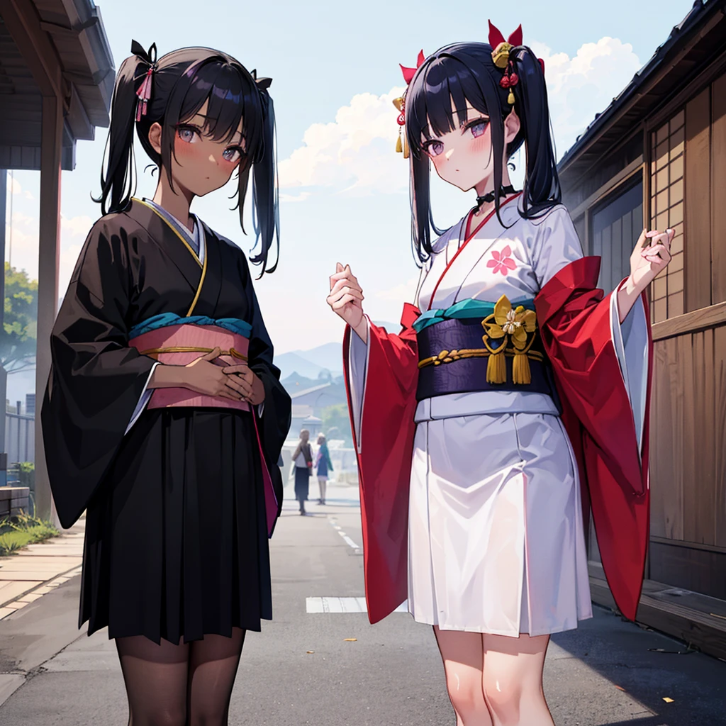 masterpiece, best quality, highres, aanemesis, long hair, black hair, two side up, hair ribbon, tan,. dark skin, black choker, frills, japanese clothes, (black kimono:1.2), obi, purple skirt, standing, cowboy shot, outdoors,