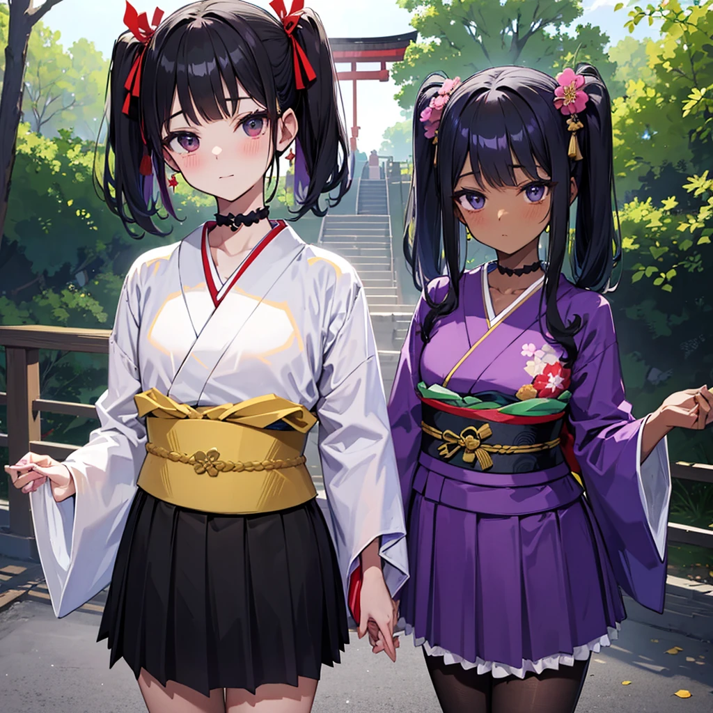 masterpiece, best quality, highres, aanemesis, long hair, black hair, two side up, hair ribbon, tan,. dark skin, black choker, frills, japanese clothes, (black kimono:1.2), obi, purple skirt, standing, cowboy shot, outdoors,