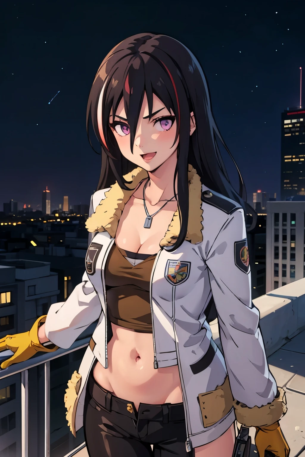 (masterpiece, best quality:1.2) (1girl, solo, beautiful detailed girl), 
mysterygirl, black hair, streaked hair, red hair, long hair, purple eyes, medium breasts,
dog tags, blush, lipstick, fur trim, mature female, gloves, fur-trimmed coat, outdoors, rooftop, cityscape, building, railing, night sky, scenery, city lights, masterpiece, best quality, highly detailed, a girls with a gun, evil smile , open mouth, sexy gaze, badass pose , evil smile, smile,, guns blazing, anime girl with long hair, beautiful long haired girl, navel, evil expression, exposed belly, exposed navel, exposed midriff, exposed lower belly, long black pants, crop top, cleavage, unbuttoned leather pants ,open fly, low rise black leather pants, leather jacket, holding a gun,