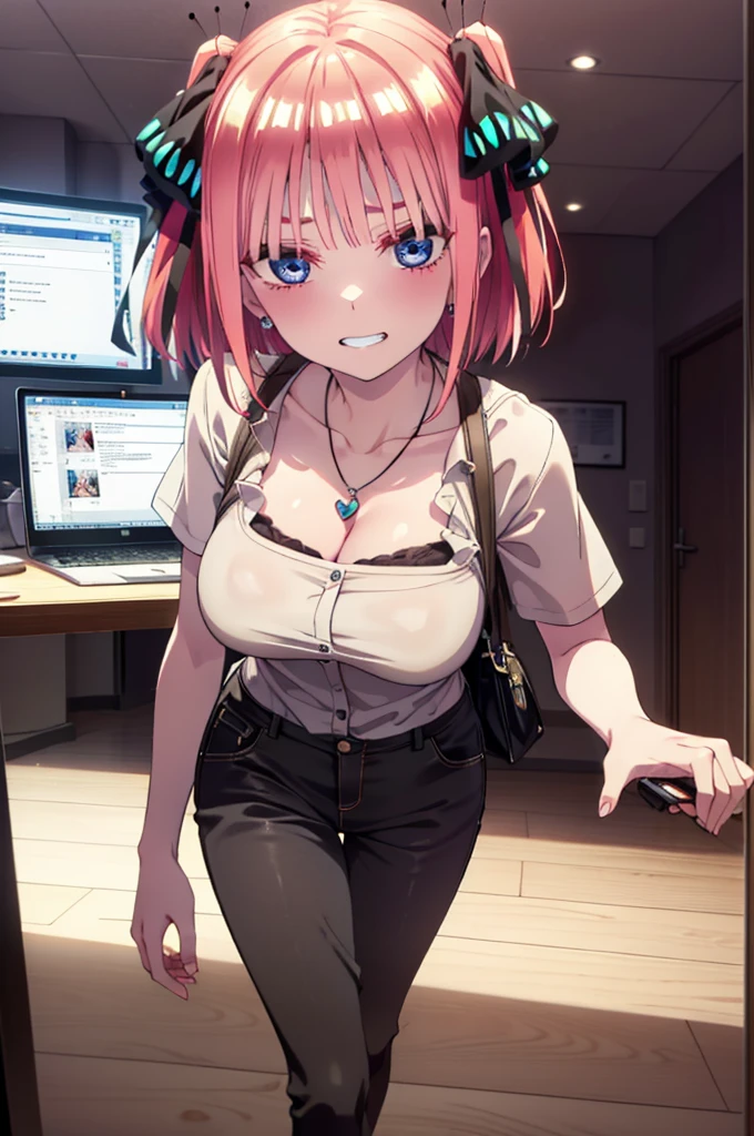 I was silent, Nakano Nino, Short Hair, bangs, blue eyes, hair ornaments, Hair Ribbon, Pink Hair, blunt bangs, Both sides up, Big Breasts,butterfly hair ornaments,Grin,White Y-shirt,Short sleeve,Heart Necklace,slacks,Stiletto heels,Walking,There is a computer on the table,whole bodyがイラストに入るように,Daytime,Clear skies,
break indoors, office,
break looking at viewer,whole body,
break (masterpiece:1.2), Highest quality, High resolution, unity 8k wallpaper, (figure:0.8), (Beautiful attention to detail:1.6), Highly detailed face, Perfect lighting, Highly detailed CG, (Perfect hands, Perfect Anatomy),