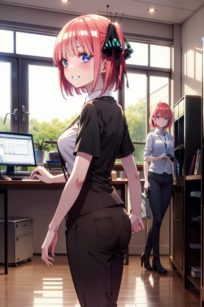 I was silent, Nakano Nino, Short Hair, bangs, blue eyes, hair ornaments, Hair Ribbon, Pink Hair, blunt bangs, Both sides up, Big Breasts,butterfly hair ornaments,Grin,White Y-shirt,Short sleeve,Heart Necklace,slacks,Stiletto heels,Walking,There is a computer on the table,whole bodyがイラストに入るように,Daytime,Clear skies,
break indoors, office,
break looking at viewer,whole body,
break (masterpiece:1.2), Highest quality, High resolution, unity 8k wallpaper, (figure:0.8), (Beautiful attention to detail:1.6), Highly detailed face, Perfect lighting, Highly detailed CG, (Perfect hands, Perfect Anatomy),
