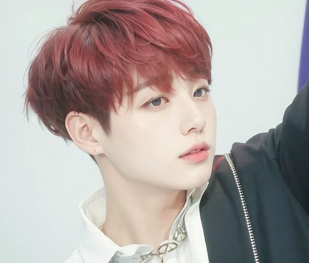 Kpop boy, Jeon Jungkook, smooth skin, big eyes, beautiful lips.