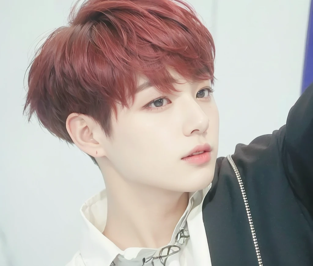 Kpop boy, Jeon Jungkook, smooth skin, big eyes, beautiful lips.