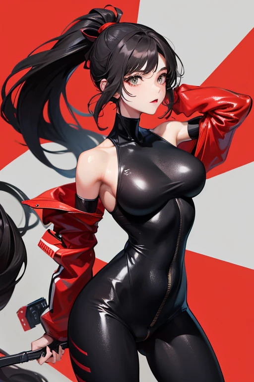 One woman,Big Breasts,Long black hair ponytail,A tight-fitting bodysuit that covers the entire body,Ninja