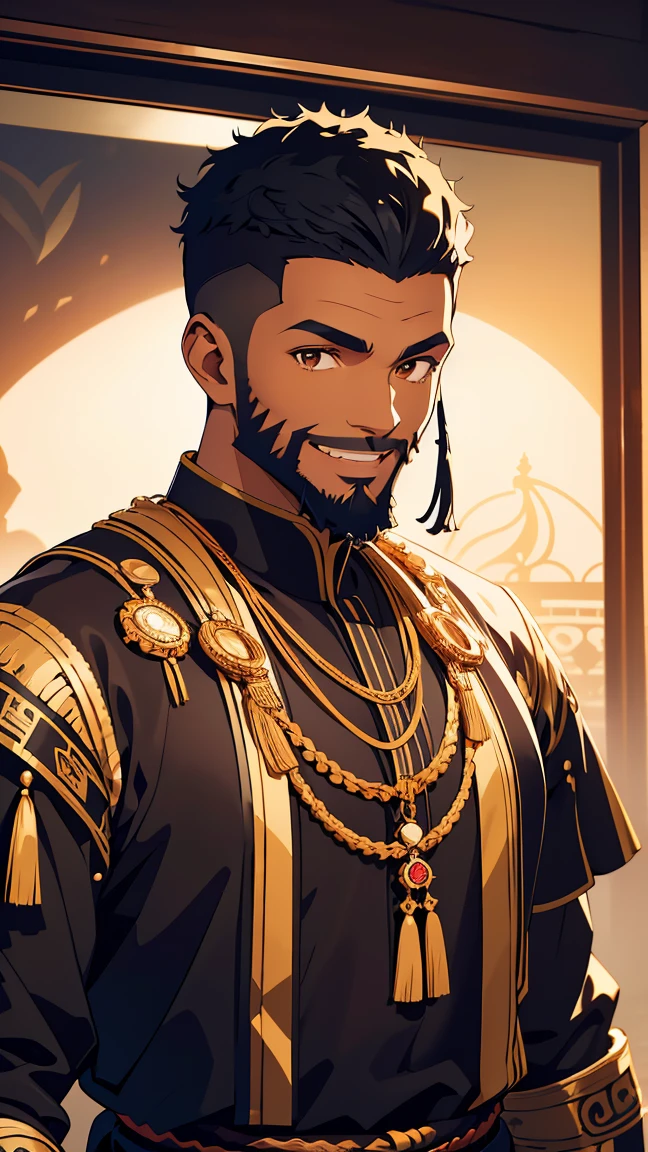 African,man1,(black skin),round face,brown eyes,black hair,(fade haircut,beard,smile),upper body,arms,(black Arabic costume for man),highly detailed CG, unit, 8K wallpapers, highest quality, high resolution, beautiful lighting, realistic shadow,detailed face Highly,detailed eyes Highly,detailed hair Highly