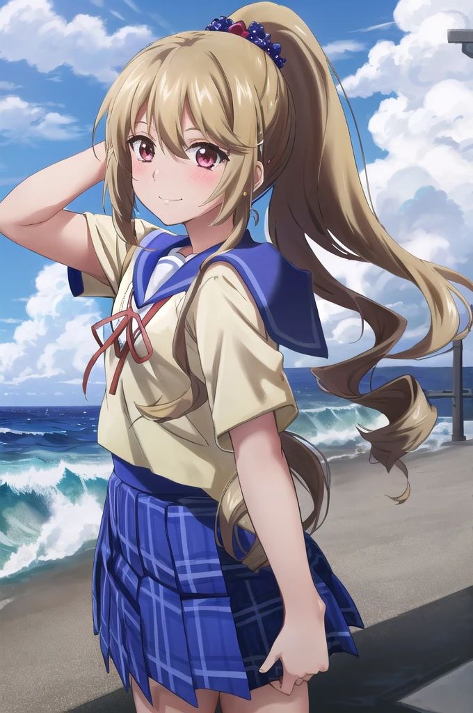 ((masterpiece,Highest quality, detailed)), ultra-detailed, detailed hair, Sharp focus, , (One girl:1.2), alone,( Long Hair:1.3), ,Medium chest,(High Ponytail:1.2), Are standing, ,(Ocean:1.3),, (school uniform:1.4)、The best smile、Embarrassed face、Beautiful Landscape、Wave one hand、Checkered Skirt、Oceanを見つめる女の子、Wharf、