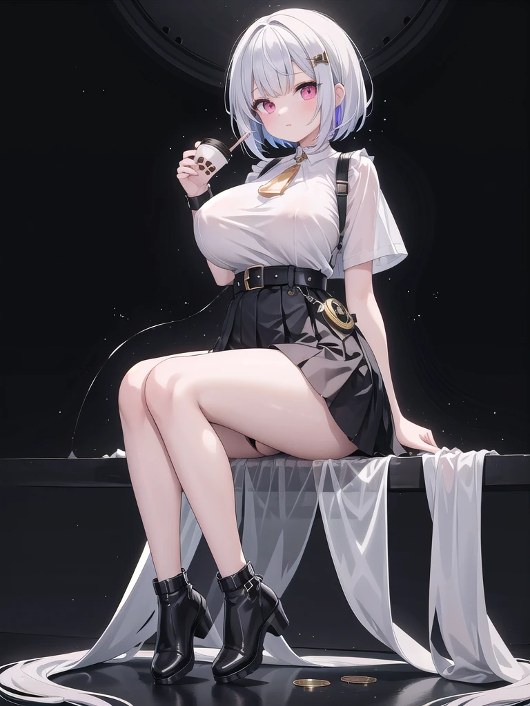 Beautiful, (masterpiece), (best quality), perfect eyes, perfect face, perfect light, one woman, multi-colored hair, (milk tea colored hair with white mist tips), big round eyes, light red eyes, (slim), clear white skin, narrow shoulders, large breasts, large hips, big and plump thighs, beautiful slender legs, short bob hair with see-through bangs, wearing a black collar, white T-shirt, black shoulder strap, gray leather belt with a gold buckle, short black skirt, sheer black stockings, shiny black high-heeled boots, with a gold four-pointed star hair clip.